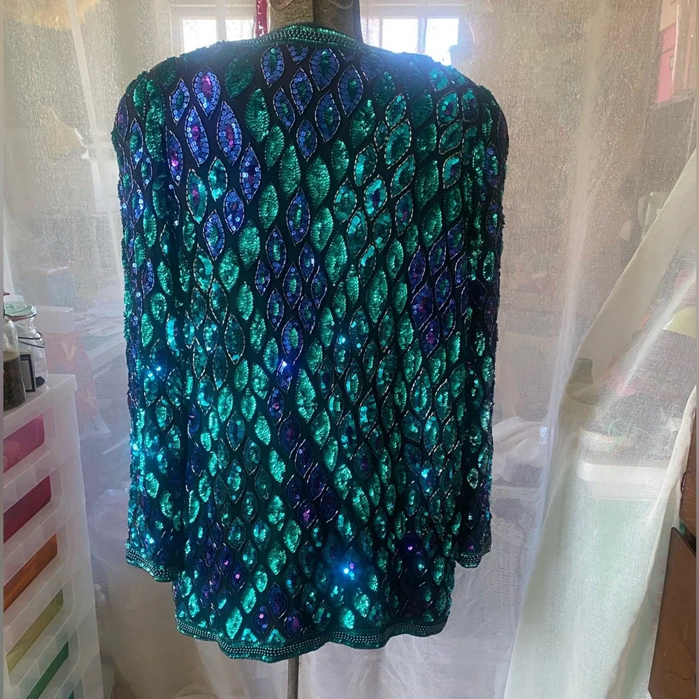 Vintage 80s Oleg Cassini Black Tie Black Silk Jacket Designer Turquoise Purple M - Picture 5 of 8